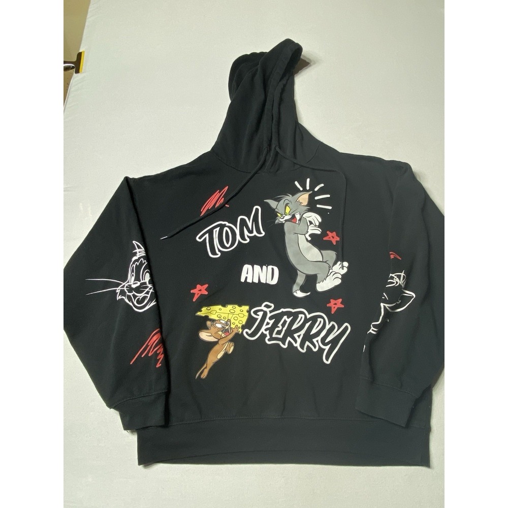 Tom & Jerry Hoodie Mens L Black All Over Graphic Can't Catch Me Cartoon